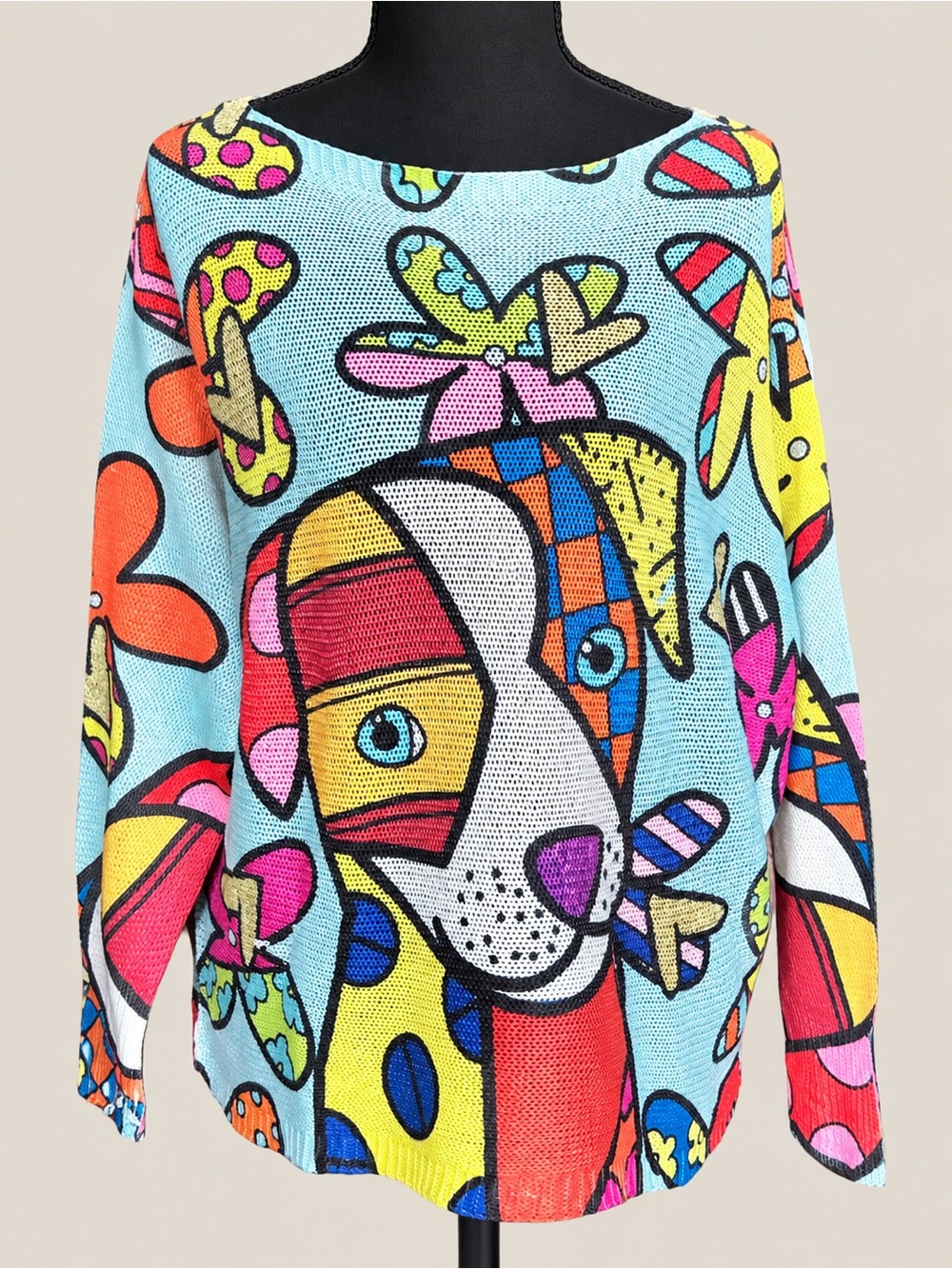 Made in Italy Pop Art Colorful Dog Butterfly Graphic Knit Sweater Top NWOT
